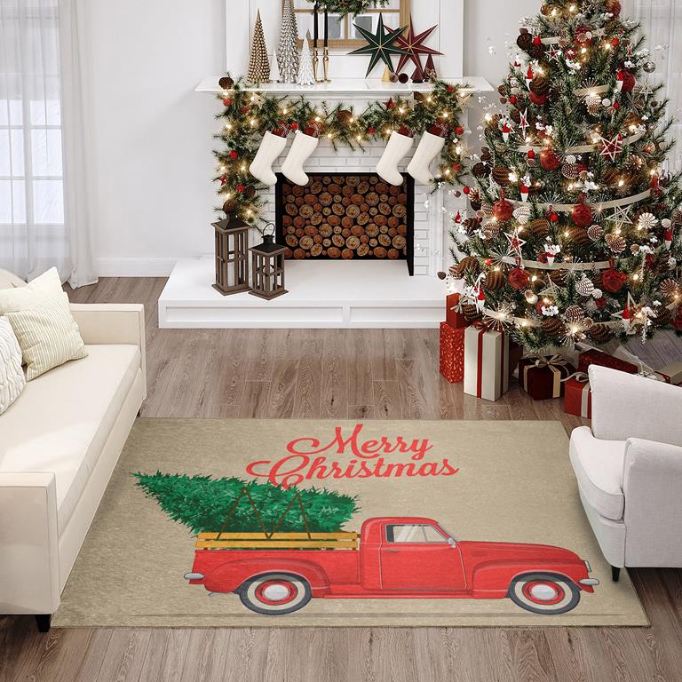 Dalyn Wonderland WN4 Putty Merry Christmas Tree in Truck Rug Room Scene
