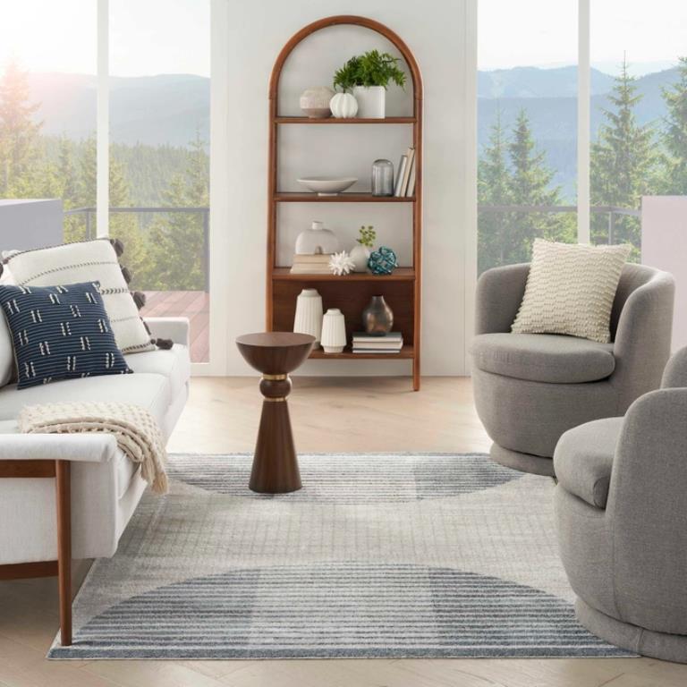 Nourison Astra Machine Washable ASW03 Ivory Blue 5x7 Rug in Living Room