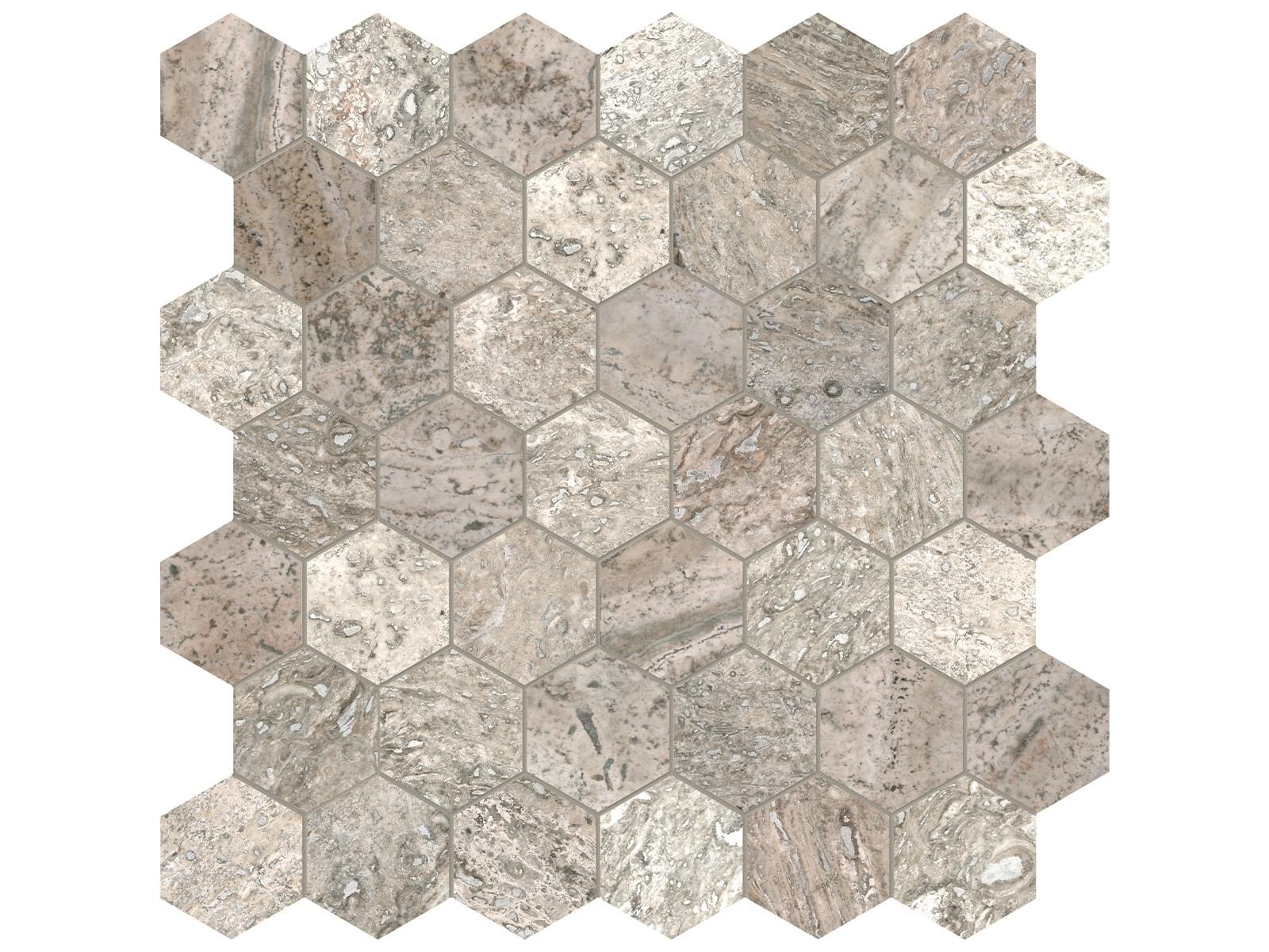 Marble 2" Hex Mosaic Travertine Filled & Honed 5001-0315-0 Silver Ash Tile
