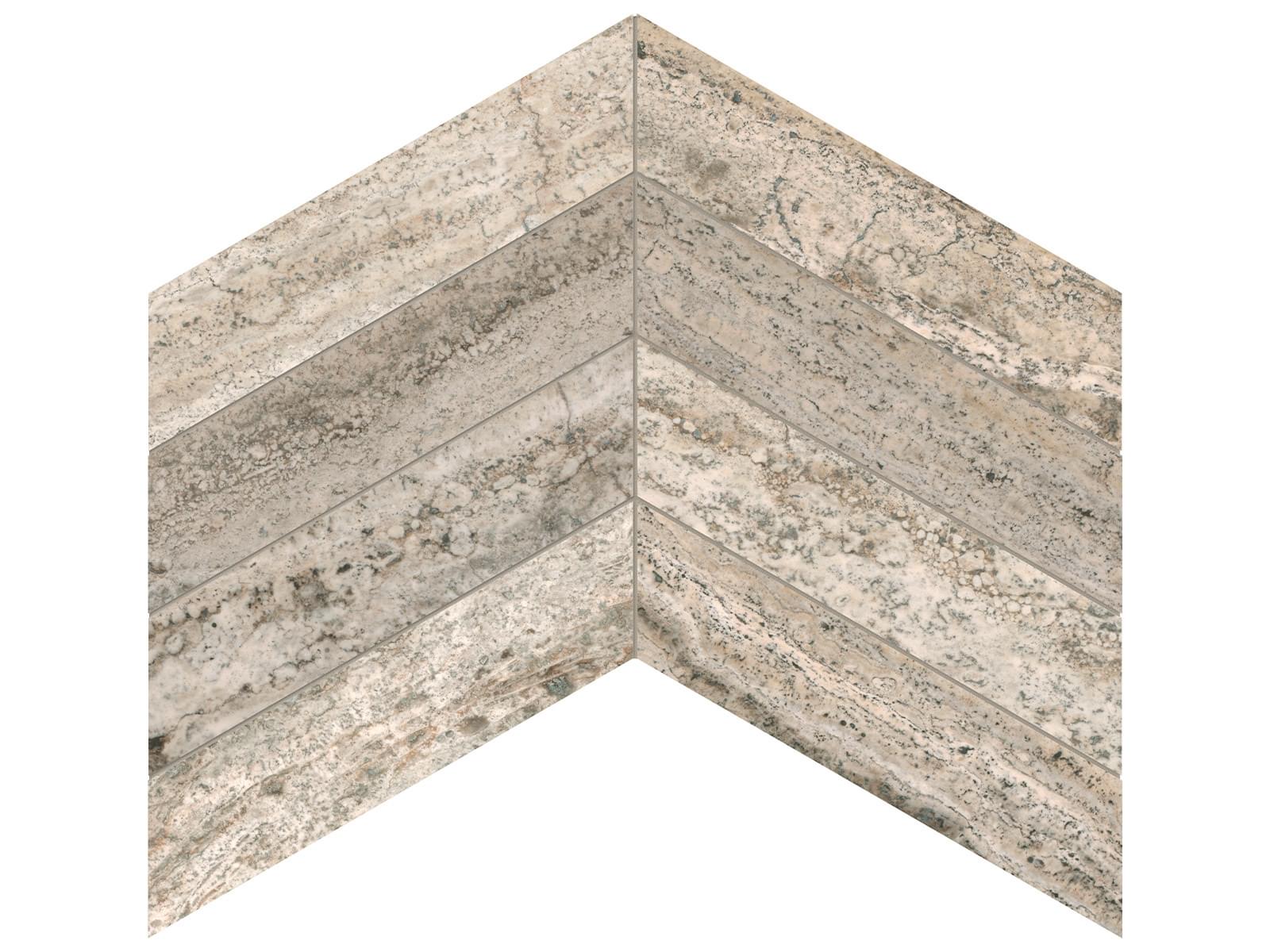 Marble 2"X8.5" Chevron Mosaic Travertine Filled & Honed 5001-0316-0 Silver Ash Tile