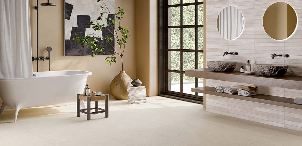 Lutezia Ivory 2" X 8" Porcelain Tile Room Scene