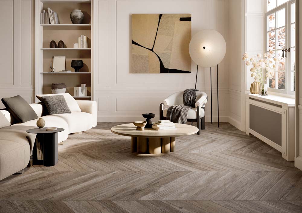 Chevron Soft Ash 6" X 33.5" Porcelain XL Tile Room Scene