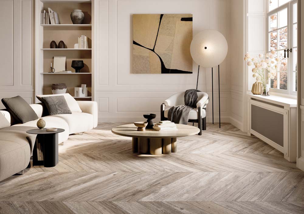 Chevron Soft Greige 6" X 33.5" Porcelain XL Tile Room Scene