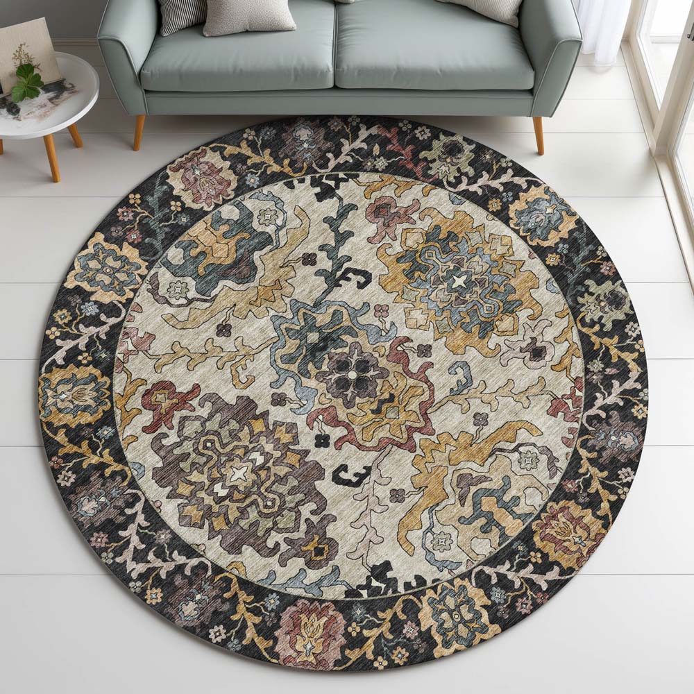 Dalyn Silk Road SR5 Black Area Rug Round Room Scene