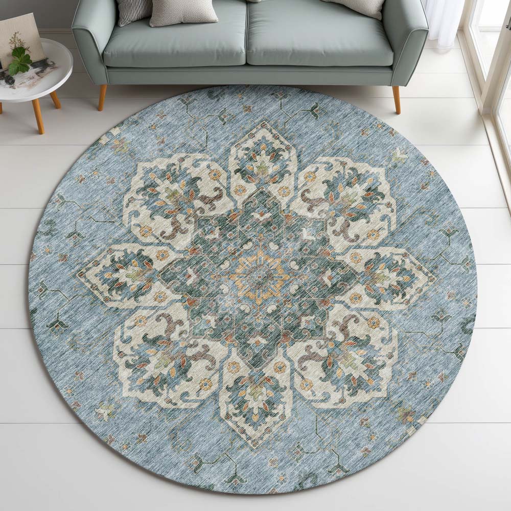 Dalyn Silk Road SR6 Aqua Area Rug Round Room Scene Dalyn Silk Road SR6 Aqua Area Rug Round Room Scene