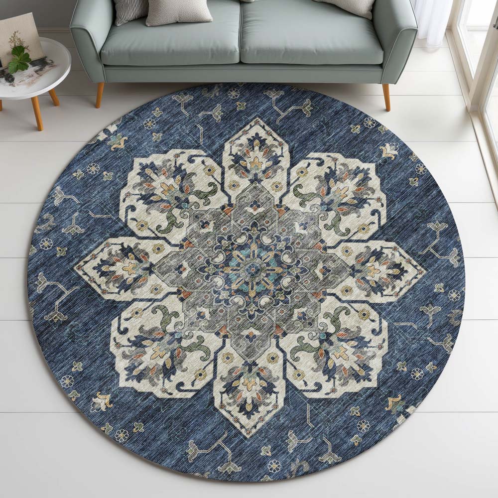 Dalyn Silk Road SR6 Navy Area Rug Round Room Scene