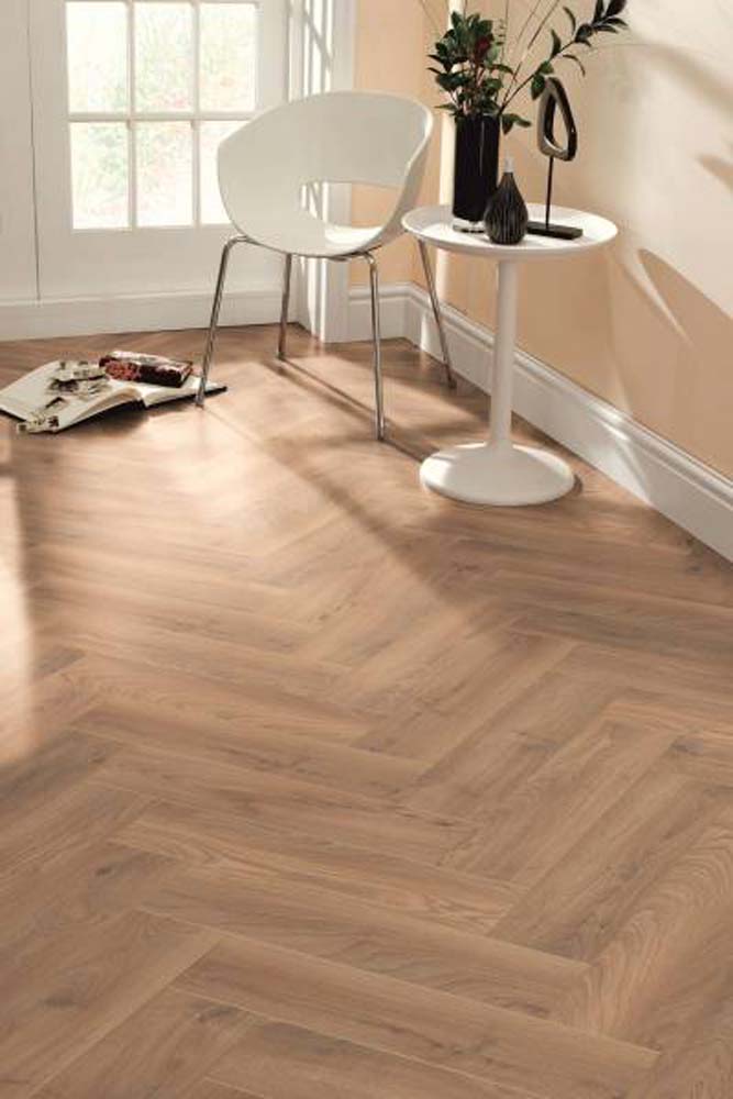 Kronoflooring Herringbone K5947 Historic Oak 5" X 25" 8 MM Laminate Flooring Room Scene