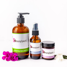 Natural skin care products with Frangipani Body Products.  Set is ideal for low maintenance skin that can be oily.  Full sized balanced triple set with Shea Butter Softening Lotion.
