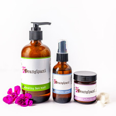 Frangipani Body Products for Stess/Environment Triple Set includes the Shea Butter Softening Lotion.  This full sized kit is ideal for oily skin that is sensitive to stress/environment.