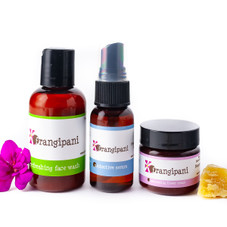 Trial sized Frangipani Body Products for Stess/Environment skin including the Regenerating Flower Cream.  This kit is ideal for dry skin.  Perfect way to sample natural skin products or give as gifts.