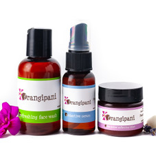 Trial sized Frangipani Body Products for Stess/Environment skin including the Shea Butter Softening Lotion.  This kit is ideal for oily skin.  Perfect way to sample natural skin products or give as gifts.