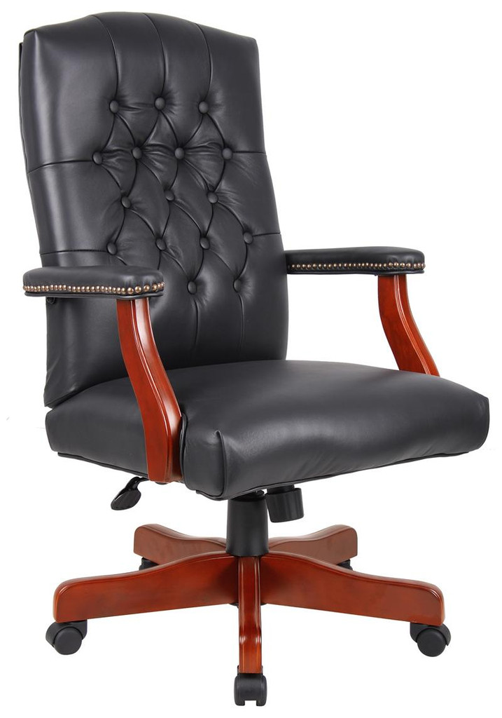 BOSS Furniture EXECUTIVE BLK LEATHER CHAIR WITH CHERRY FINISH