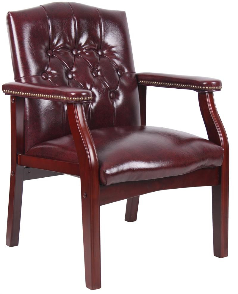 BOSS TRAD. OXBLOOD VINYL GUEST CHAIR WITH MAHOGANY FINISH