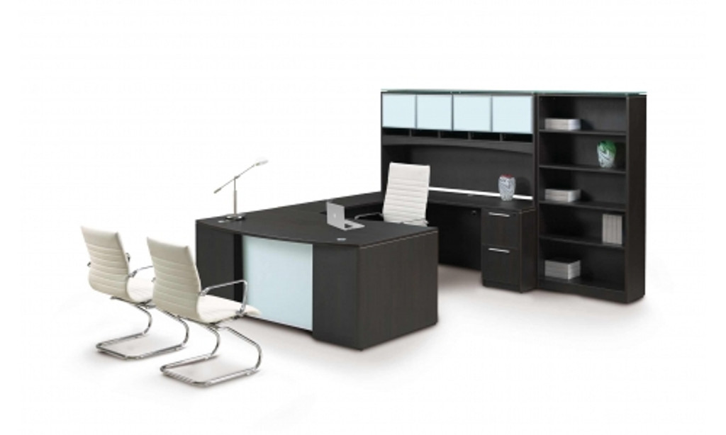 Potenza U-Shaped Desk with Glass modesty and bookcase
