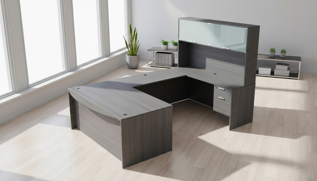 KUL Bow Front U-Shape Desk  71×108  + Hutch (Glass Doors) w 2 BF Ped