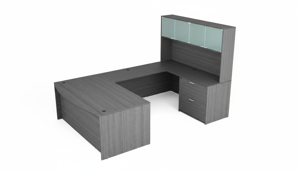 KUL Bow Front U-Shape Desk  71×108  + Hutch (Glass Doors) w  1BBF And 30″ 2 Drawer Lateral