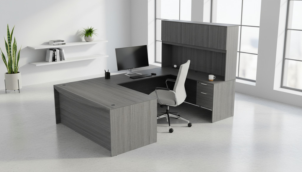 KUL Bow Front U-Shape Desk  71×108 + Hutch (Wood Doors) w 2 BF Ped
