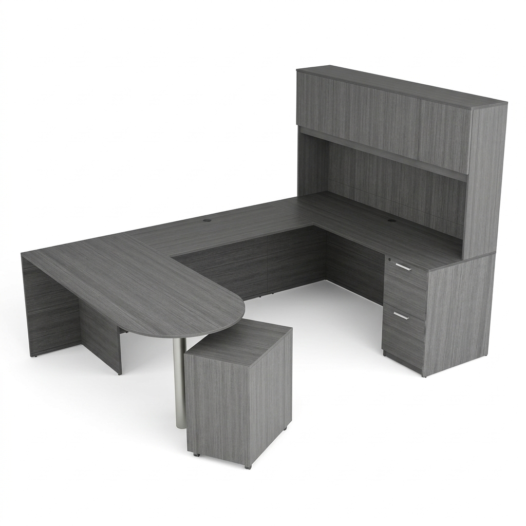 KUL D-Top U-Shape Desk   71×102  + Hutch (Wood Doors) w 1FF And 1 Mobile Ped BF 
