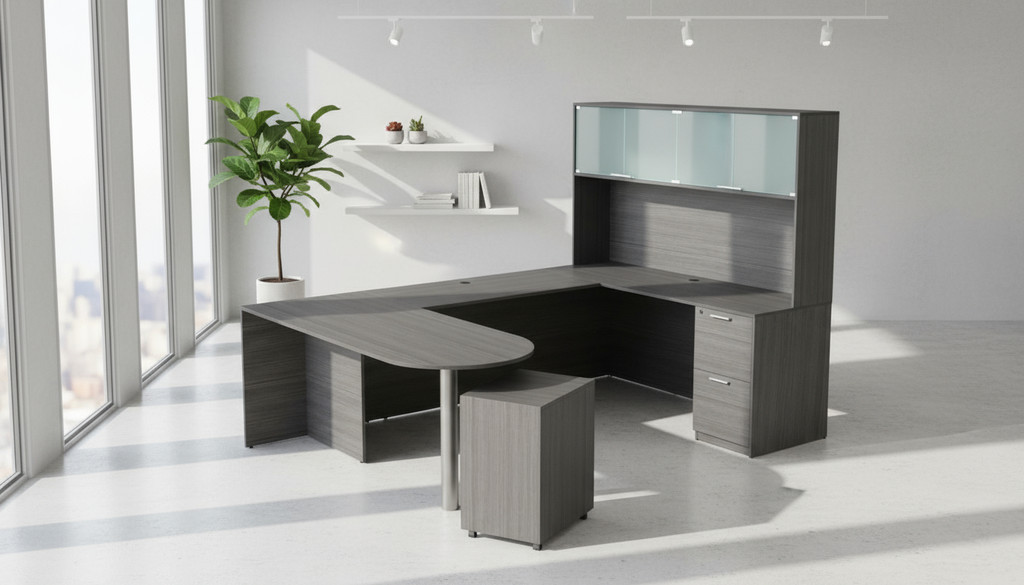 KUL D-Top U-Shape Desk   71×102  + Hutch (Glass Doors) w 1FF And 1 Mobile Ped BF