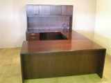 USED INDIANA DESK MAHOGANY U SHAPE WITH 3672 DESK 4824 BRIDGE AND 2472 CREDENZA WITH HUTCH AND TASK LIGHT