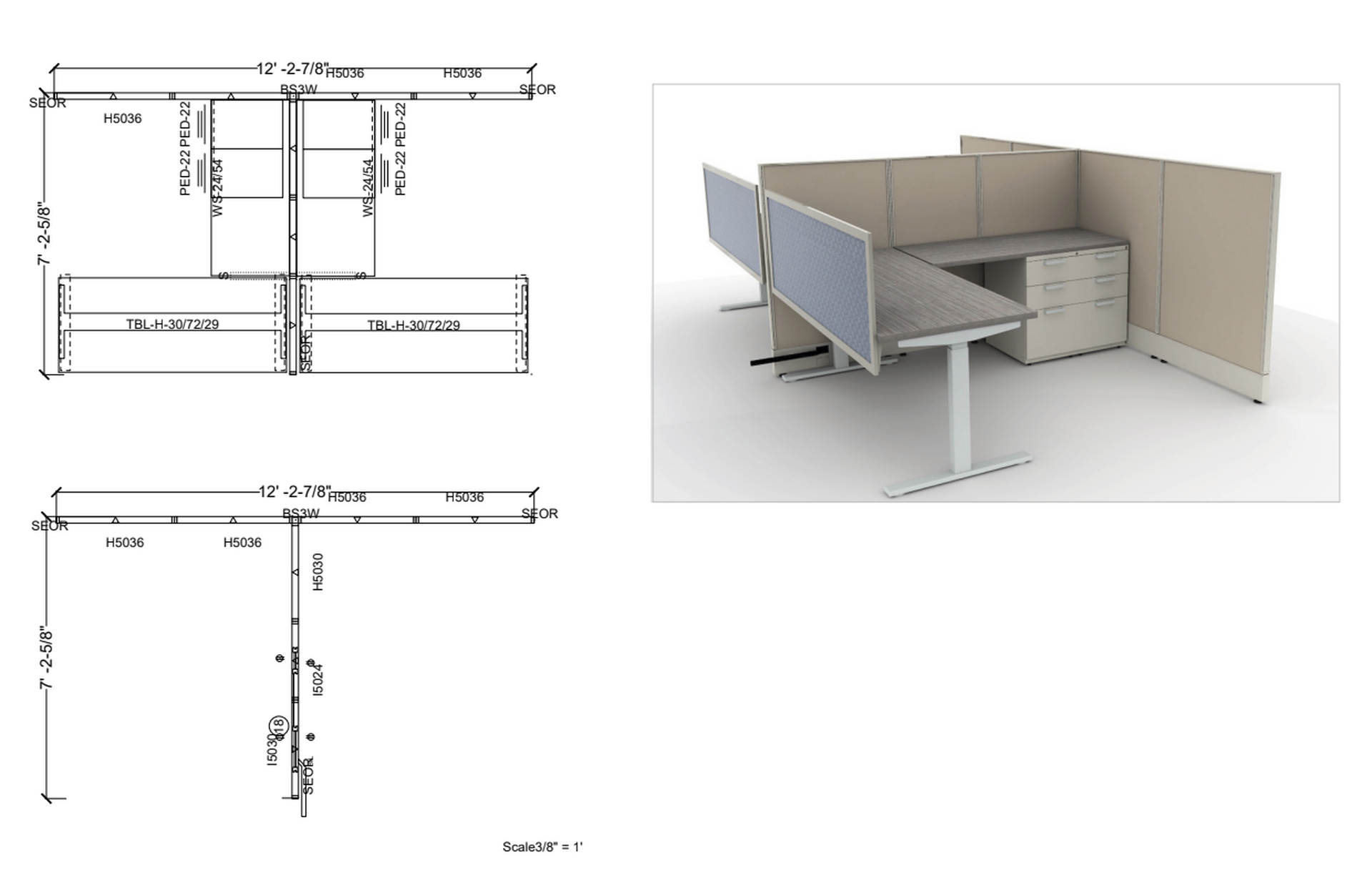 Office workstation typical drawing showing 2D plan views with dimensions and a 3D render of a height adjustable desk with privacy screen and file pedestal