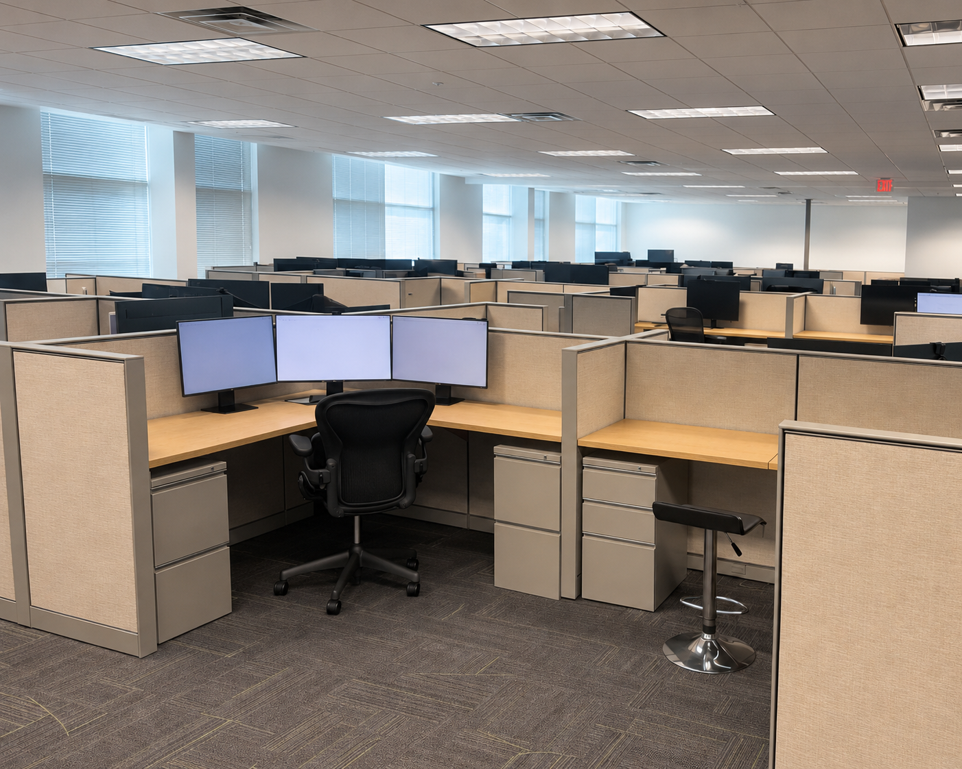 Used office cubicles and workstations with monitors and file pedestals in an Orlando office scheduled for decommissioning