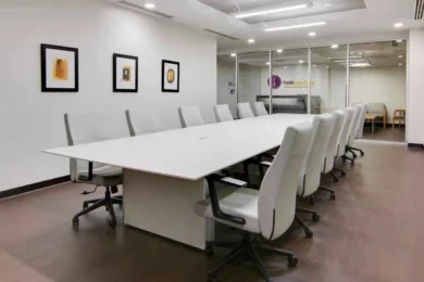Conference room with long white table, white high-back chairs, and framed art, Orlando nonprofit office