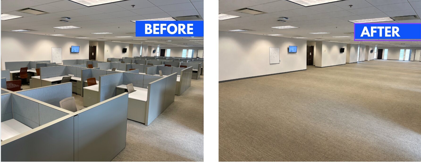 Before and after office furniture removal in Orlando: a full floor of cubicles cleared to an empty, broom-clean office space