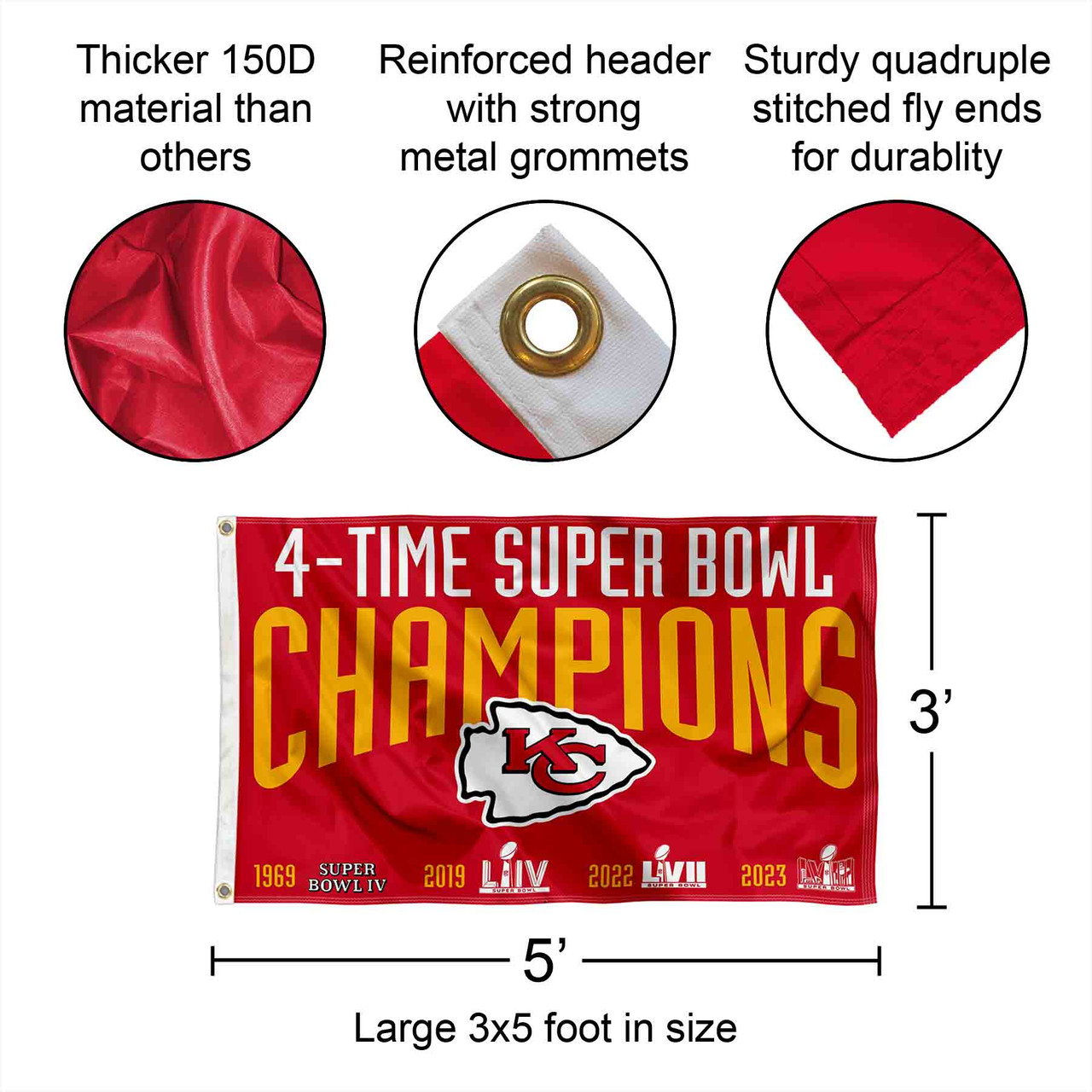 Kansas City Chiefs 4 Time Super Bowl Champions 3x5 Banner Flag