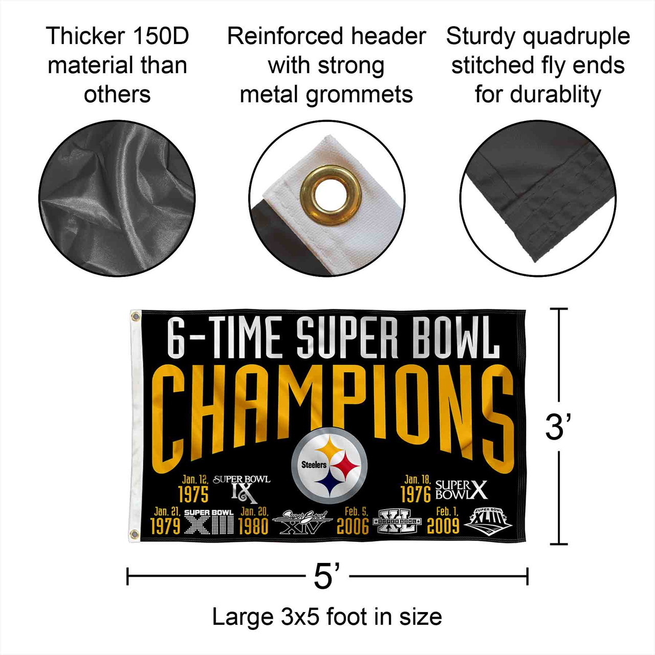 Pittsburgh Steelers 6 Time Super Bowl Champions 3x5 Banner Flag
