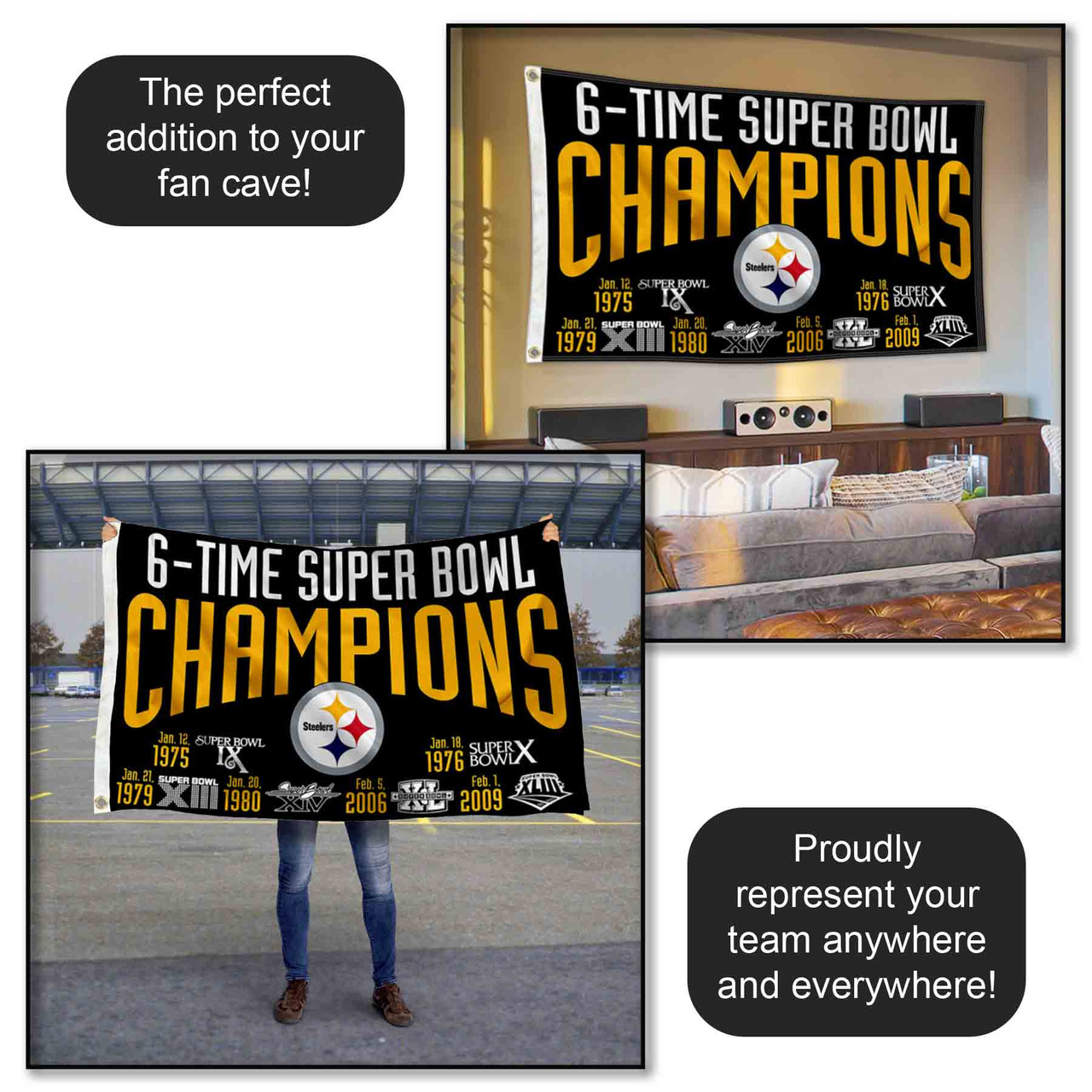 Pittsburgh Steelers 6 Time Super Bowl Champions 3x5 Banner Flag
