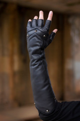 Razorpine Lacedown Leather Fingerless Gauntlets in Black, hand up showing topside view