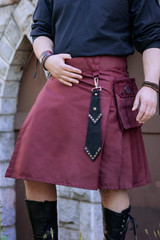 Deadlands Mark attached to the front D-ring of a Versatta Cargo Kilt in Giant's Blood