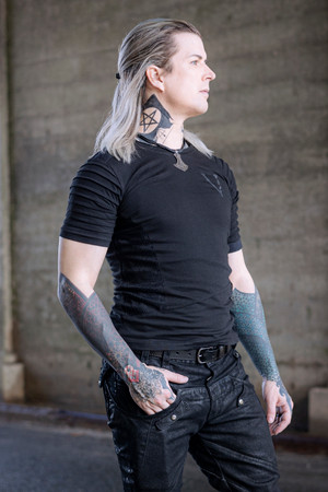 Deadlands Shred Tee in black, front side view. 