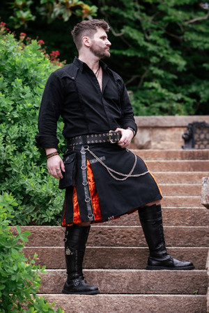Gothic Velvet Hybrid Full Length Cargo Kilt - 23" - Black + Emberglow - Men's Size XS Gothic Velvet Hybrid Full Length Cargo Kilt - 23" - Black + Emberglow - Men's Size XS