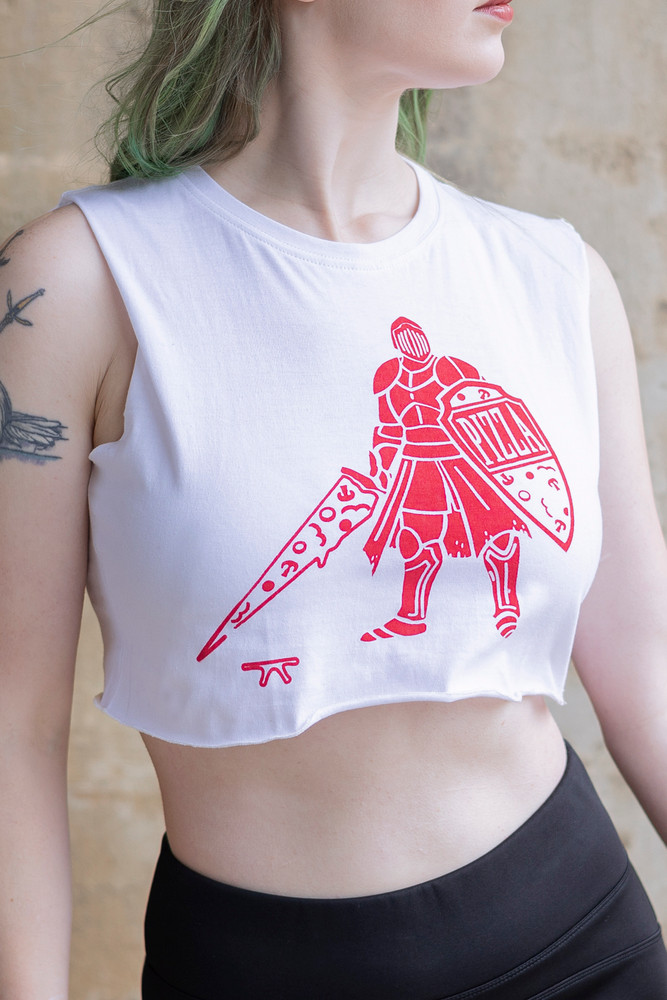 Pizza Knight Crop Tank Top in white with red print, front