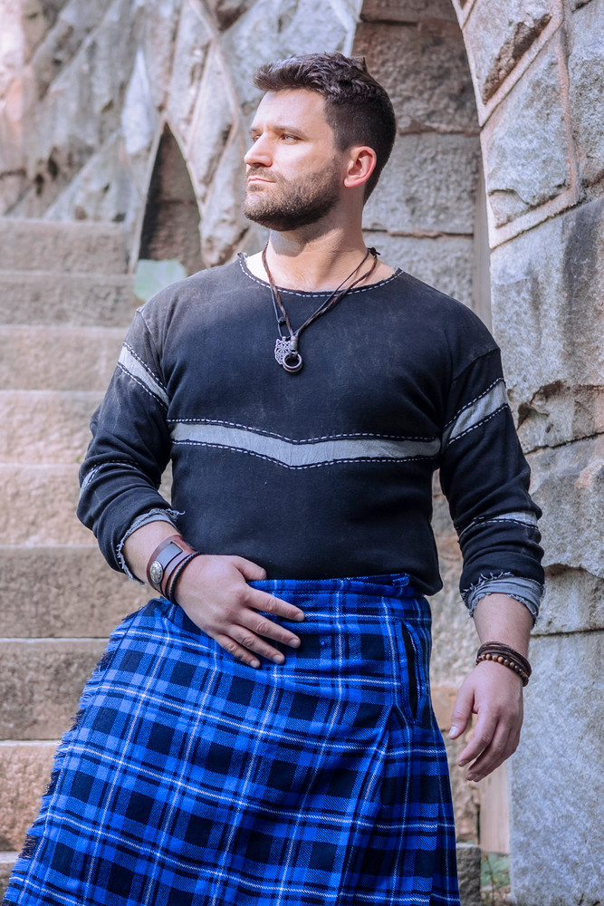 Sellsword Shirt in Stonewashed Black and Blue paired with a Vanguard Tartan Kilt in Admiral Tartan