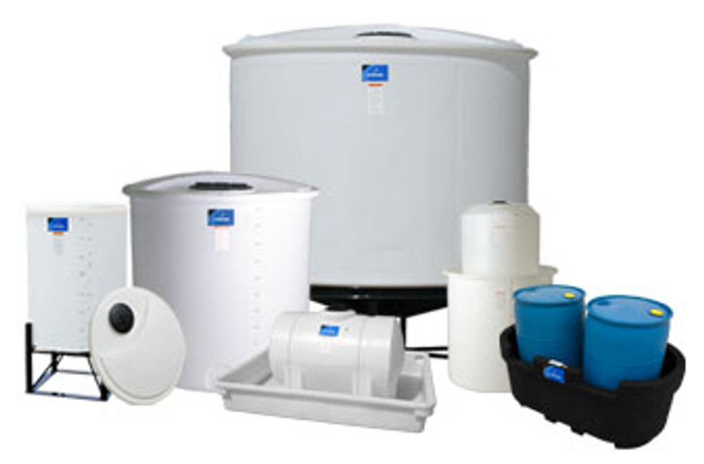 A variety of sizes of poly tanks ranging from 50 to over 500 gallons.