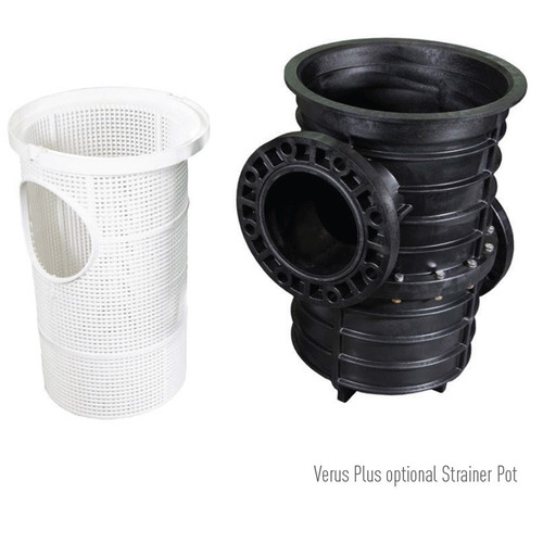 External view of strainer pot on the right, with internal basket removed to the left for viewing.  Shows upper inlet flange and lower outlet flange on reverse side.