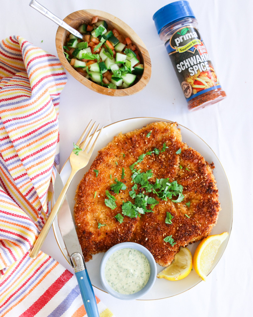 Chicken Shawarma Schnitzel With Green Dill Tahini