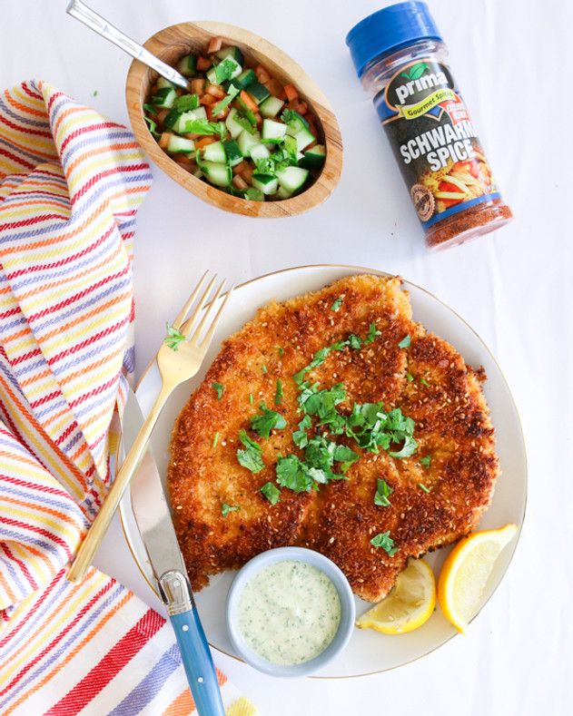 Chicken Shawarma Schnitzel With Green Dill Tahini