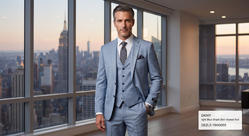 DKNY Blue Shark Skin Vested Suit DEZL3-19W0003