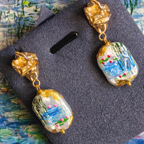 Boucles d'oreilles - Miniature Peinture sur Perle Baroque - Nymphéas Monet