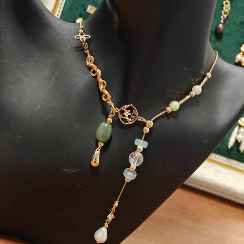 Collier Modulable Vague de Jade" – Jade Bleu et Blanc, Quartz & Perle Baroque