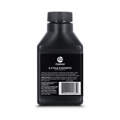 Castrol 2 Cycle Full Synthetic Oil - Small Engine Formula - 50:1 Mix Ratio - Includes Fuel Stabilizer - Case of 24 (2.6oz) Castrol 2 Cycle Full Synthetic Oil - Small Engine Formula - 50:1 Mix Ratio - Includes Fuel Stabilizer - Case of 24 (2.6oz)
