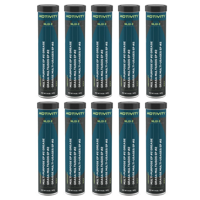 MOTIVITY Multi-Purpose Extreme Pressure Grease - NGLI-#2, Blue Lithium Complex, High Temp & Water Resistant - 10 Pack (14oz Tubes) MOTIVITY Multi-Purpose Extreme Pressure Grease - NGLI-#2, Blue Lithium Complex, High Temp & Water Resistant - 10 Pack (14oz Tubes)