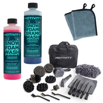 MOTIVITY Dual Foaming Wash Kit - Includes Snow and Ceramic Foaming Washes, 21-Piece Detailing Kit, and Microfiber Cleaning Cloths - Complete Auto Cleaning Set MOTIVITY Dual Foaming Wash Kit - Includes Snow and Ceramic Foaming Washes, 21-Piece Detailing Kit, and Microfiber Cleaning Cloths - Complete Auto Cleaning Set