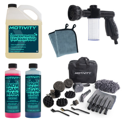 MOTIVITY Ultimate Car Wash & Detailing Kit - Includes Car Wash Soap, Snow Foam & Ceramic Washes, Spray Nozzle, 21-Piece Detailing Kit, and 2 Microfiber Cleaning Cloths MOTIVITY Ultimate Car Wash & Detailing Kit - Includes Car Wash Soap, Snow Foam & Ceramic Washes, Spray Nozzle, 21-Piece Detailing Kit, and 2 Microfiber Cleaning Cloths