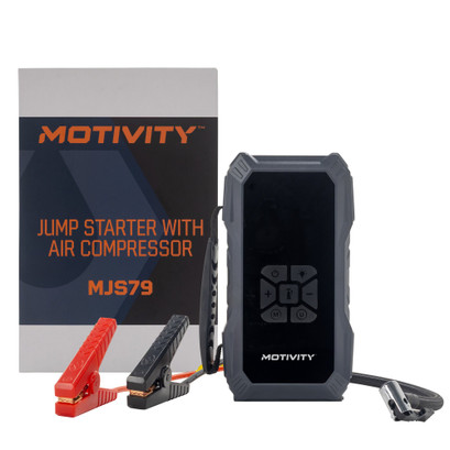 MOTIVITY 4-in-1 Portable Automotive Jump Starter with Air Compressor – 1000A Peak, USB & 12V DC Charging, 150 PSI, LED Flashlight, LCD Display – for Cars, Motorcycles, ATVs & More