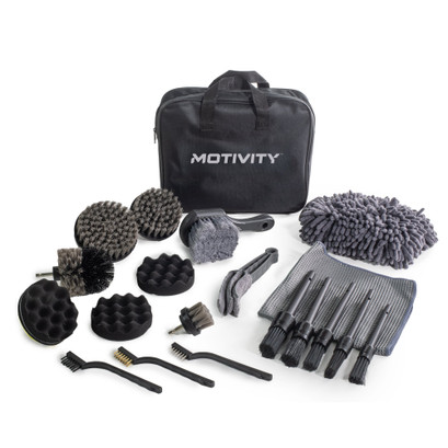 MOTIVITY 21-Piece Car Detailing Kit, Includes Drill Brush Attachment Set, Detail Brushes, Wash Mitt, Drying Towel, and Wheel & Tire Brush